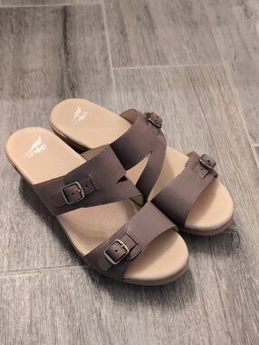 dansko Taupe Double-Buckle Slide Sandals
